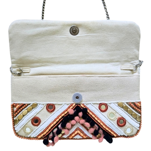 Clements Ribeiro Black Colorful Beaded Crossbody Bag Pom Pom Sequin Clutch - Picture 3 of 7